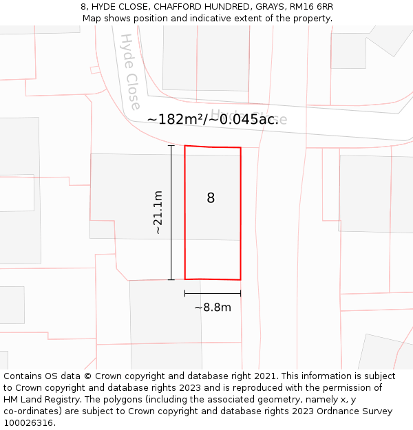 8, HYDE CLOSE, CHAFFORD HUNDRED, GRAYS, RM16 6RR: Plot and title map