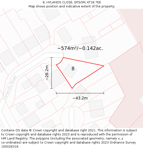 8, HYLANDS CLOSE, EPSOM, KT18 7EE: Plot and title map