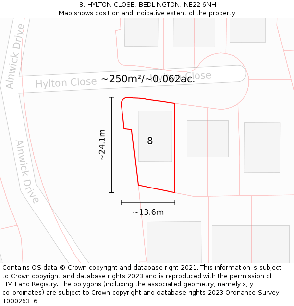 8, HYLTON CLOSE, BEDLINGTON, NE22 6NH: Plot and title map