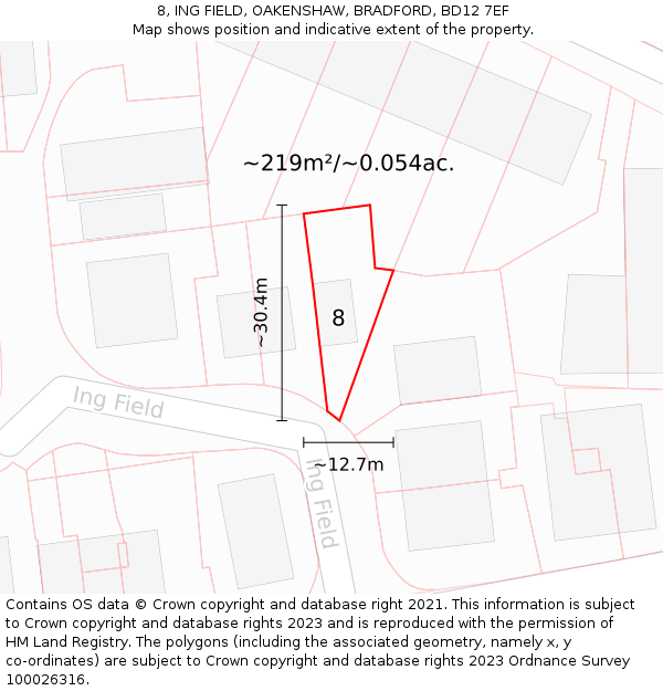 8, ING FIELD, OAKENSHAW, BRADFORD, BD12 7EF: Plot and title map