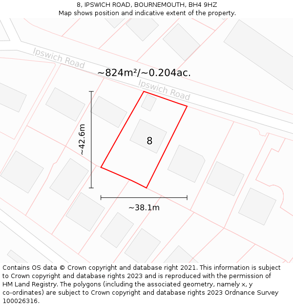 8, IPSWICH ROAD, BOURNEMOUTH, BH4 9HZ: Plot and title map