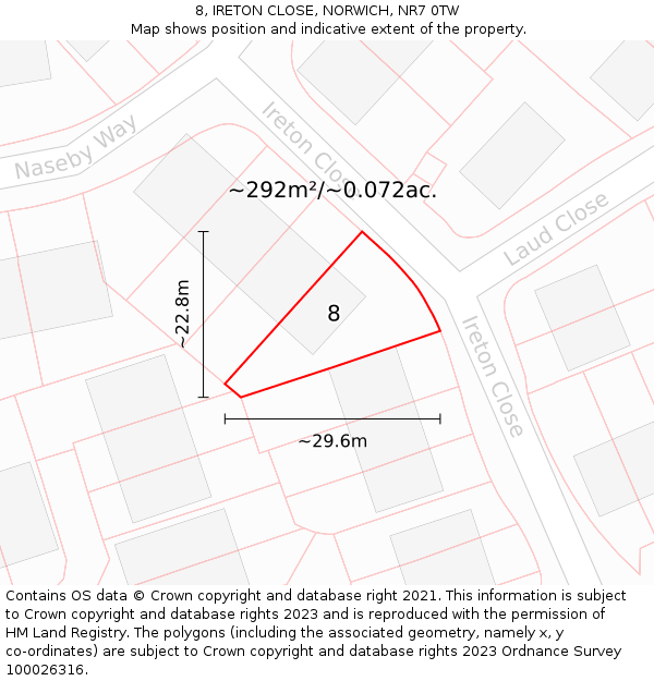 8, IRETON CLOSE, NORWICH, NR7 0TW: Plot and title map