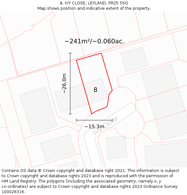 8, IVY CLOSE, LEYLAND, PR25 5SG: Plot and title map