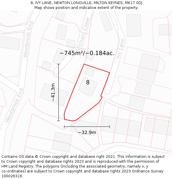 8, IVY LANE, NEWTON LONGVILLE, MILTON KEYNES, MK17 0DJ: Plot and title map