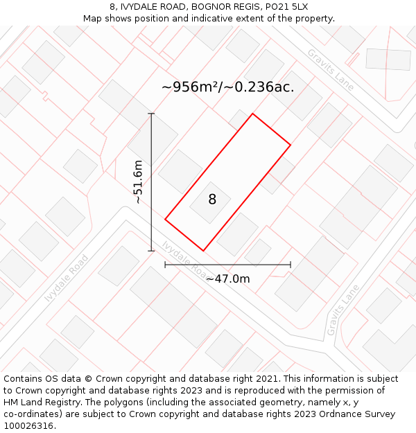 8, IVYDALE ROAD, BOGNOR REGIS, PO21 5LX: Plot and title map