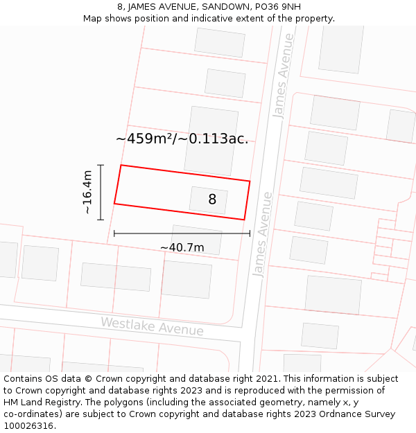 8, JAMES AVENUE, SANDOWN, PO36 9NH: Plot and title map