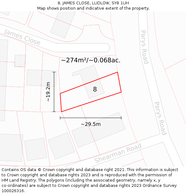 8, JAMES CLOSE, LUDLOW, SY8 1UH: Plot and title map