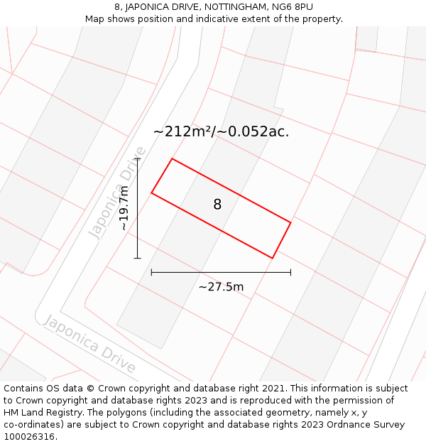 8, JAPONICA DRIVE, NOTTINGHAM, NG6 8PU: Plot and title map