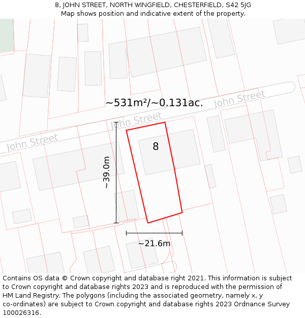 8, JOHN STREET, NORTH WINGFIELD, CHESTERFIELD, S42 5JG: Plot and title map