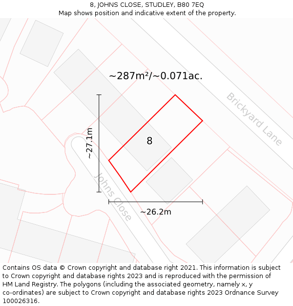 8, JOHNS CLOSE, STUDLEY, B80 7EQ: Plot and title map