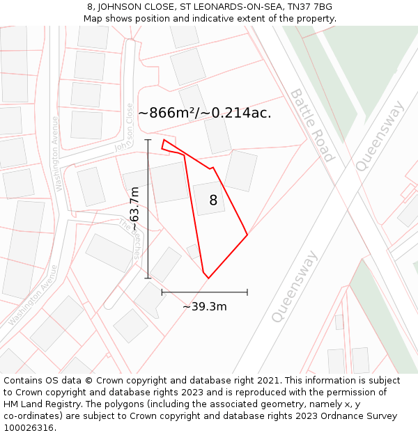 8, JOHNSON CLOSE, ST LEONARDS-ON-SEA, TN37 7BG: Plot and title map