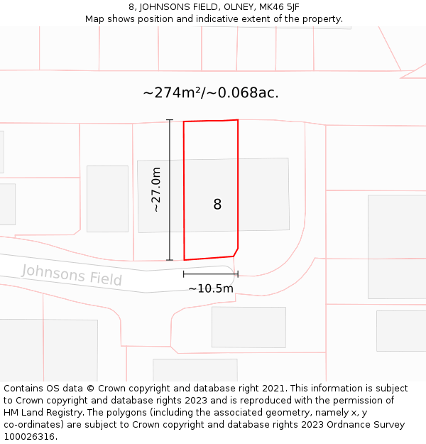 8, JOHNSONS FIELD, OLNEY, MK46 5JF: Plot and title map