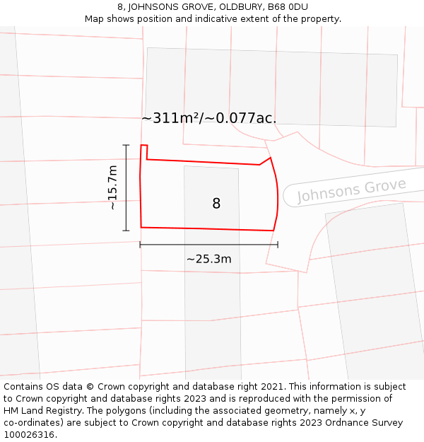 8, JOHNSONS GROVE, OLDBURY, B68 0DU: Plot and title map