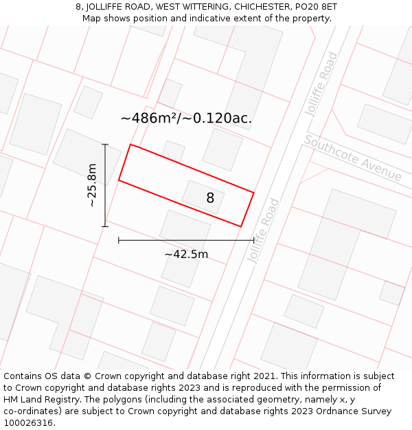 8, JOLLIFFE ROAD, WEST WITTERING, CHICHESTER, PO20 8ET: Plot and title map