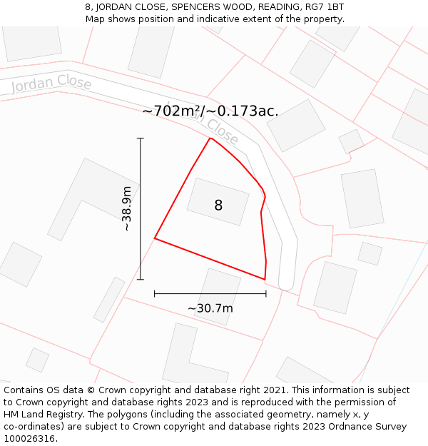 8, JORDAN CLOSE, SPENCERS WOOD, READING, RG7 1BT: Plot and title map