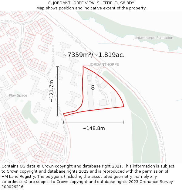 8, JORDANTHORPE VIEW, SHEFFIELD, S8 8DY: Plot and title map