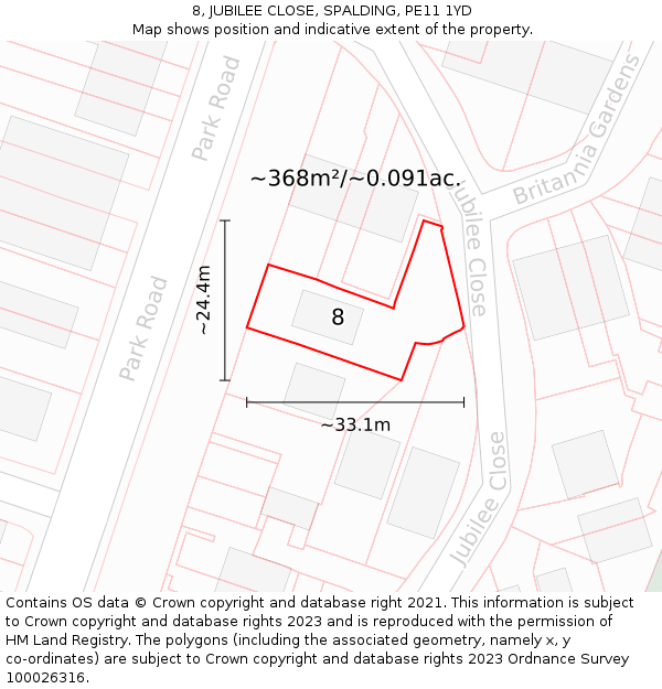 8, JUBILEE CLOSE, SPALDING, PE11 1YD: Plot and title map