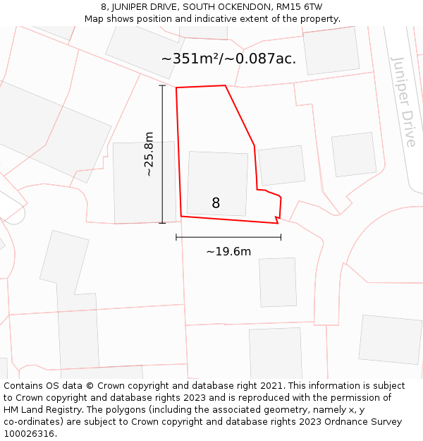 8, JUNIPER DRIVE, SOUTH OCKENDON, RM15 6TW: Plot and title map