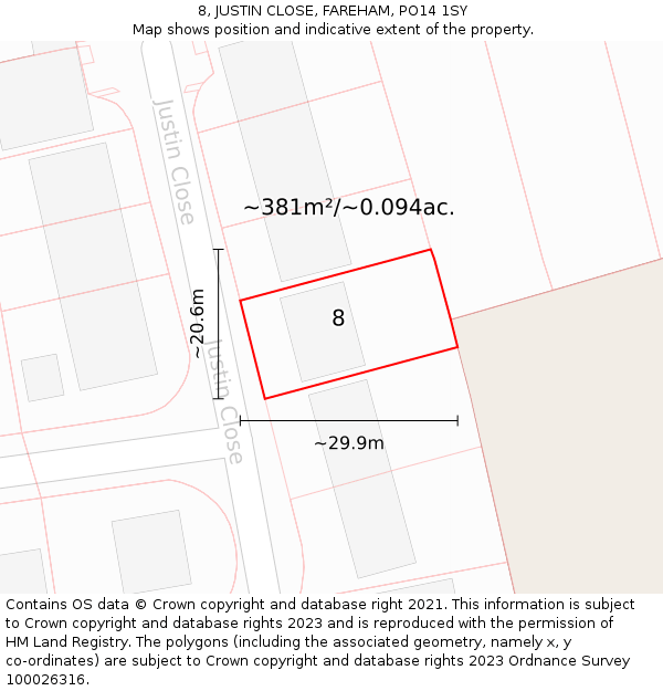 8, JUSTIN CLOSE, FAREHAM, PO14 1SY: Plot and title map