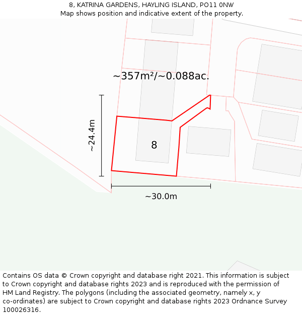 8, KATRINA GARDENS, HAYLING ISLAND, PO11 0NW: Plot and title map