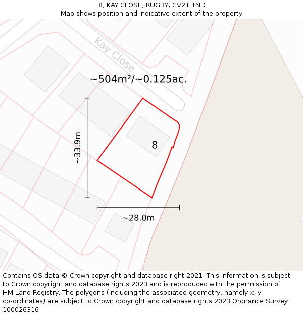 8, KAY CLOSE, RUGBY, CV21 1ND: Plot and title map