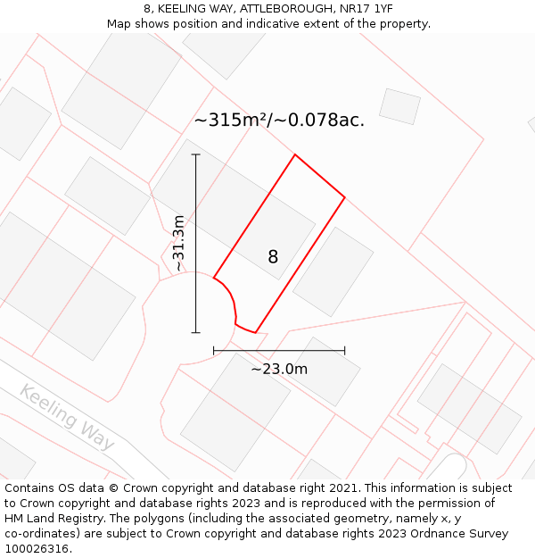 8, KEELING WAY, ATTLEBOROUGH, NR17 1YF: Plot and title map