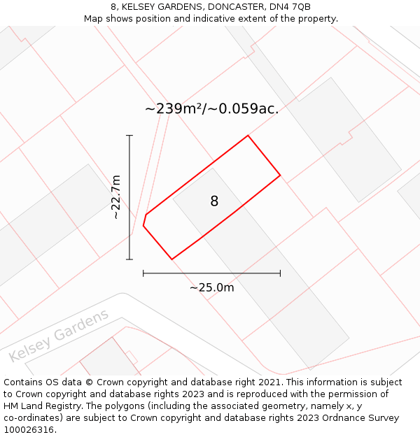 8, KELSEY GARDENS, DONCASTER, DN4 7QB: Plot and title map