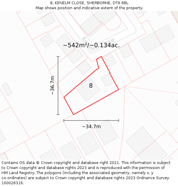 8, KENELM CLOSE, SHERBORNE, DT9 6BL: Plot and title map