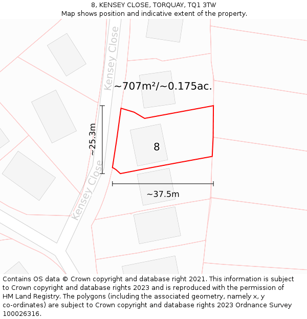 8, KENSEY CLOSE, TORQUAY, TQ1 3TW: Plot and title map