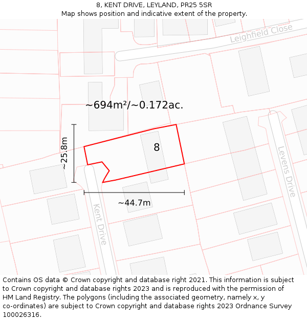 8, KENT DRIVE, LEYLAND, PR25 5SR: Plot and title map