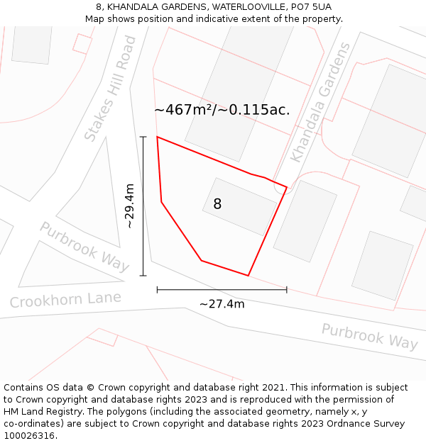 8, KHANDALA GARDENS, WATERLOOVILLE, PO7 5UA: Plot and title map