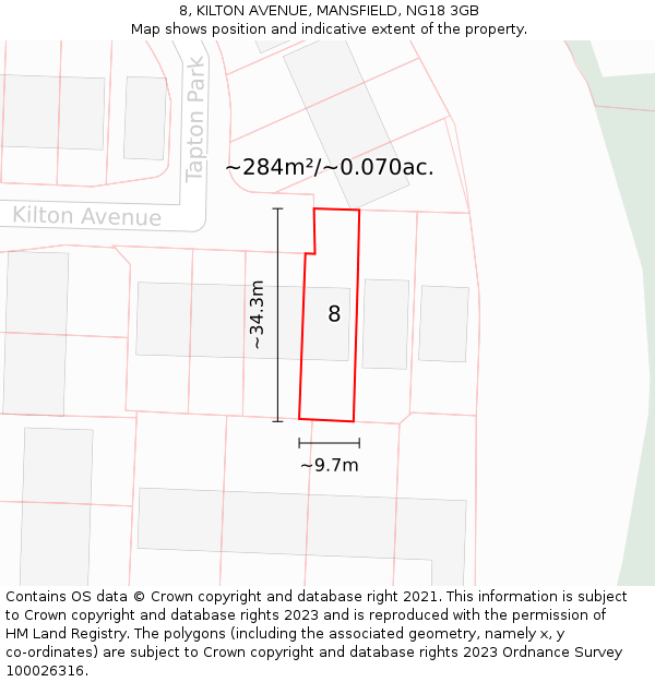 8, KILTON AVENUE, MANSFIELD, NG18 3GB: Plot and title map