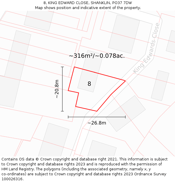 8, KING EDWARD CLOSE, SHANKLIN, PO37 7DW: Plot and title map