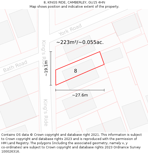 8, KINGS RIDE, CAMBERLEY, GU15 4HN: Plot and title map