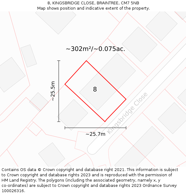 8, KINGSBRIDGE CLOSE, BRAINTREE, CM7 5NB: Plot and title map