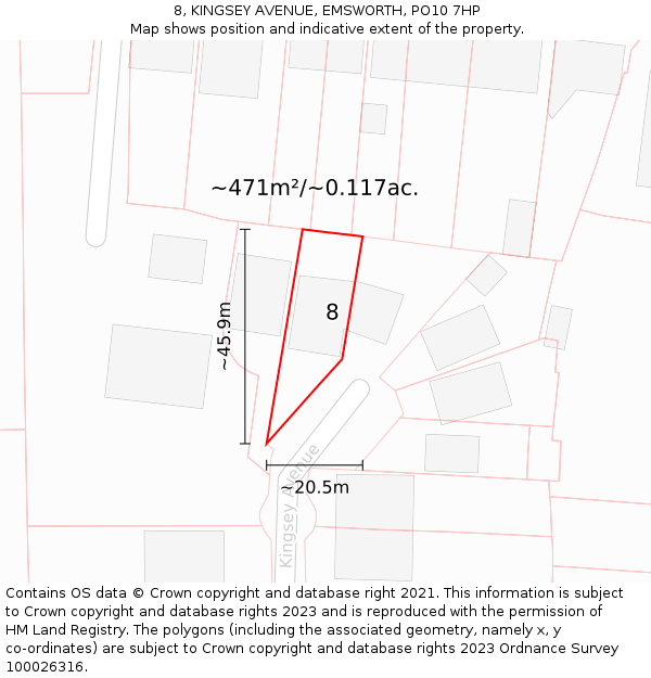 8, KINGSEY AVENUE, EMSWORTH, PO10 7HP: Plot and title map