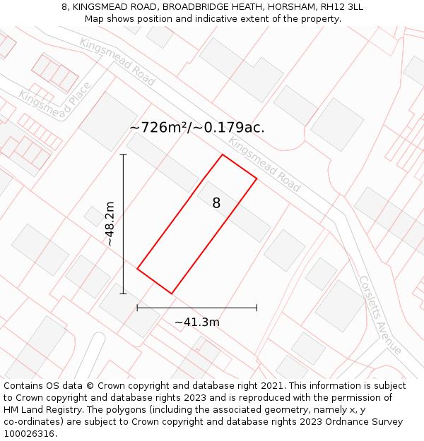 8, KINGSMEAD ROAD, BROADBRIDGE HEATH, HORSHAM, RH12 3LL: Plot and title map