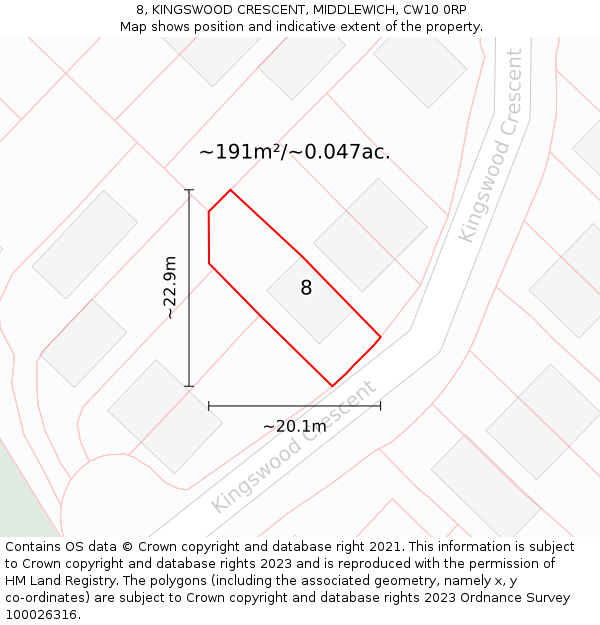 8, KINGSWOOD CRESCENT, MIDDLEWICH, CW10 0RP: Plot and title map