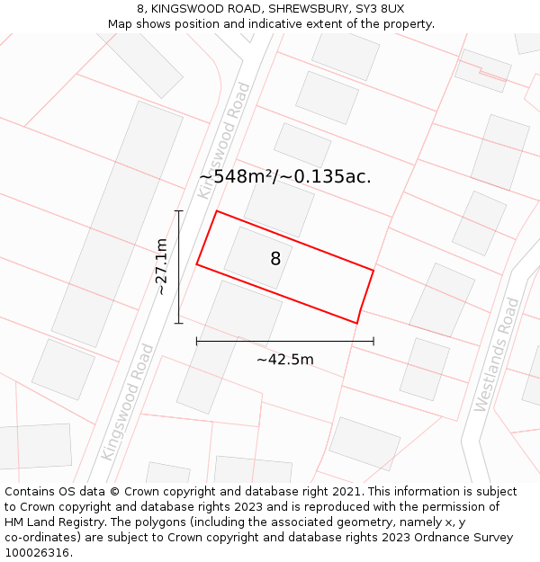 8, KINGSWOOD ROAD, SHREWSBURY, SY3 8UX: Plot and title map