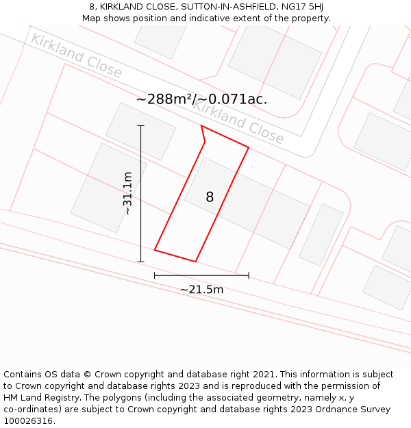 8, KIRKLAND CLOSE, SUTTON-IN-ASHFIELD, NG17 5HJ: Plot and title map