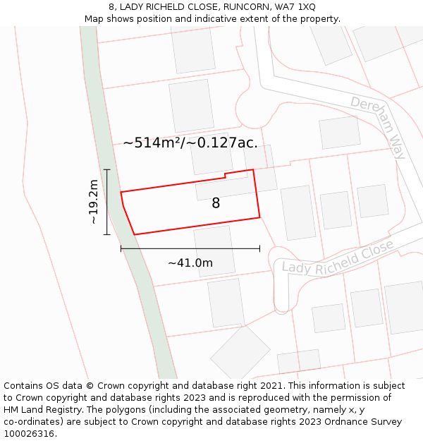 8, LADY RICHELD CLOSE, RUNCORN, WA7 1XQ: Plot and title map