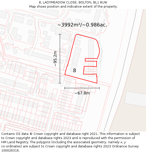 8, LADYMEADOW CLOSE, BOLTON, BL1 8UW: Plot and title map