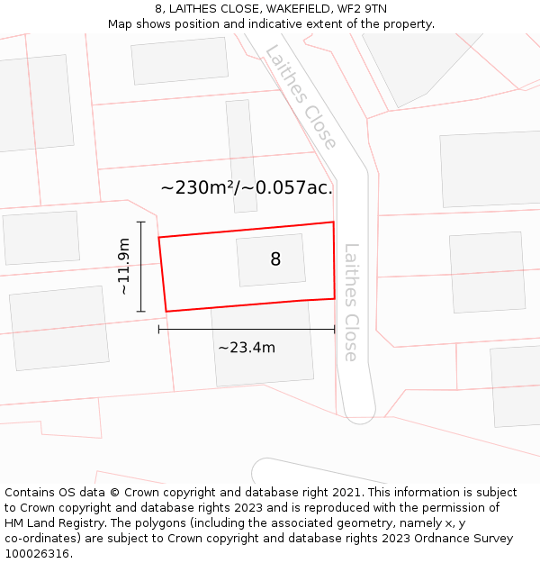 8, LAITHES CLOSE, WAKEFIELD, WF2 9TN: Plot and title map