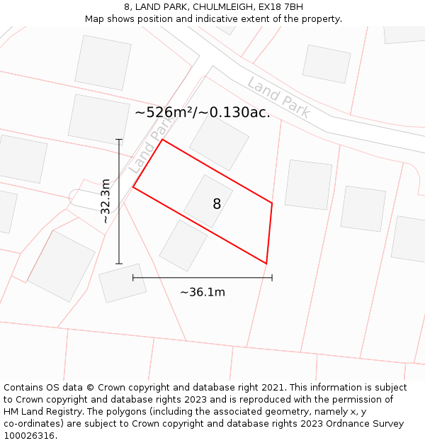 8, LAND PARK, CHULMLEIGH, EX18 7BH: Plot and title map