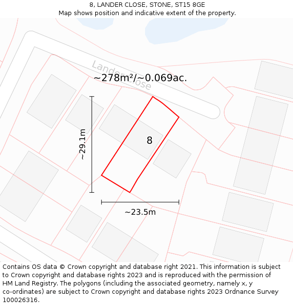 8, LANDER CLOSE, STONE, ST15 8GE: Plot and title map