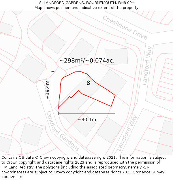 8, LANDFORD GARDENS, BOURNEMOUTH, BH8 0PH: Plot and title map