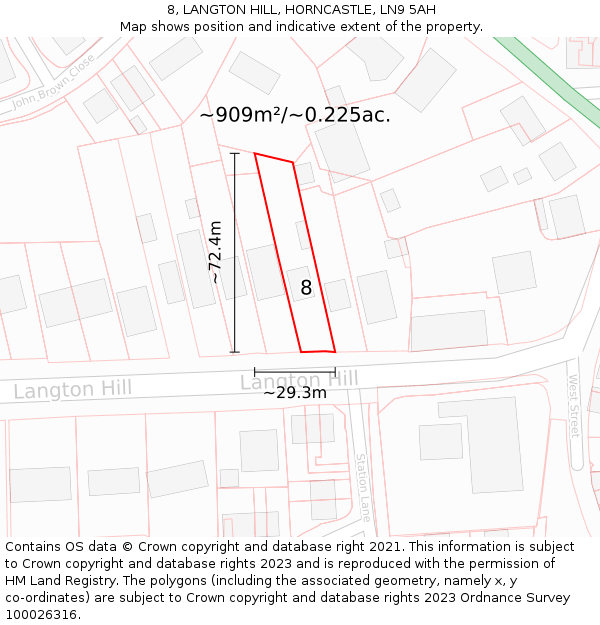 8, LANGTON HILL, HORNCASTLE, LN9 5AH: Plot and title map