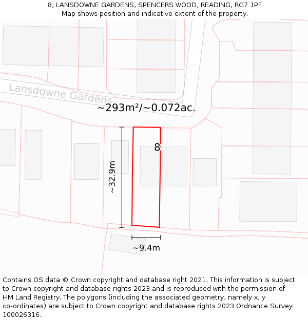 8, LANSDOWNE GARDENS, SPENCERS WOOD, READING, RG7 1PF: Plot and title map