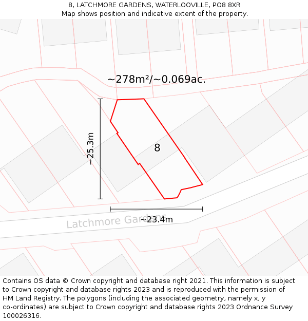 8, LATCHMORE GARDENS, WATERLOOVILLE, PO8 8XR: Plot and title map