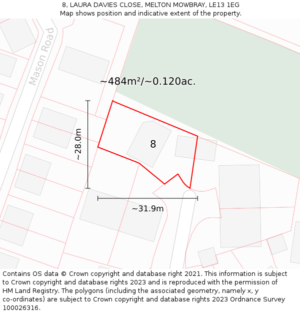 8, LAURA DAVIES CLOSE, MELTON MOWBRAY, LE13 1EG: Plot and title map